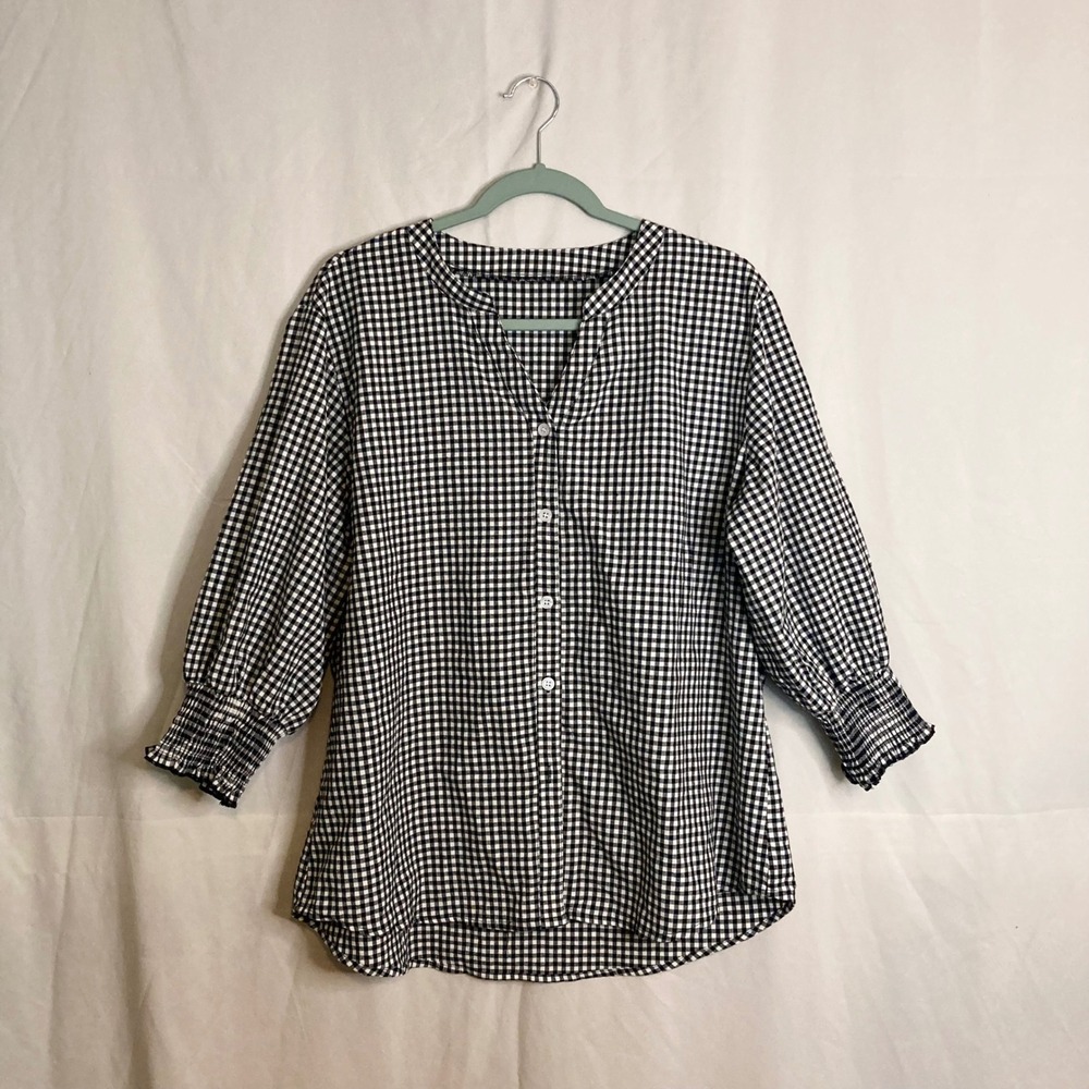 Gingham 100% Cotton Blouse Black White Smocked 3/4 Sleeve Lomon XL Cottagecore